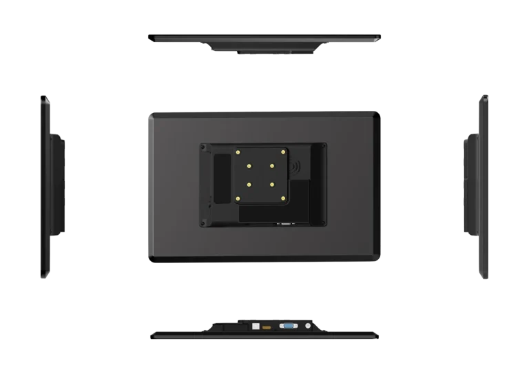 A five-view orthographic projection of a black industrial touch screen monitor showing the rear VESA mount pattern, slim side profiles, and bottom I/O ports including HDMI and VGA, set against a transparent grid background.