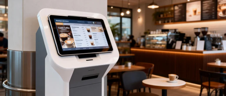 Pillar-mounted digital menu kiosk in a cafe showing drink photos