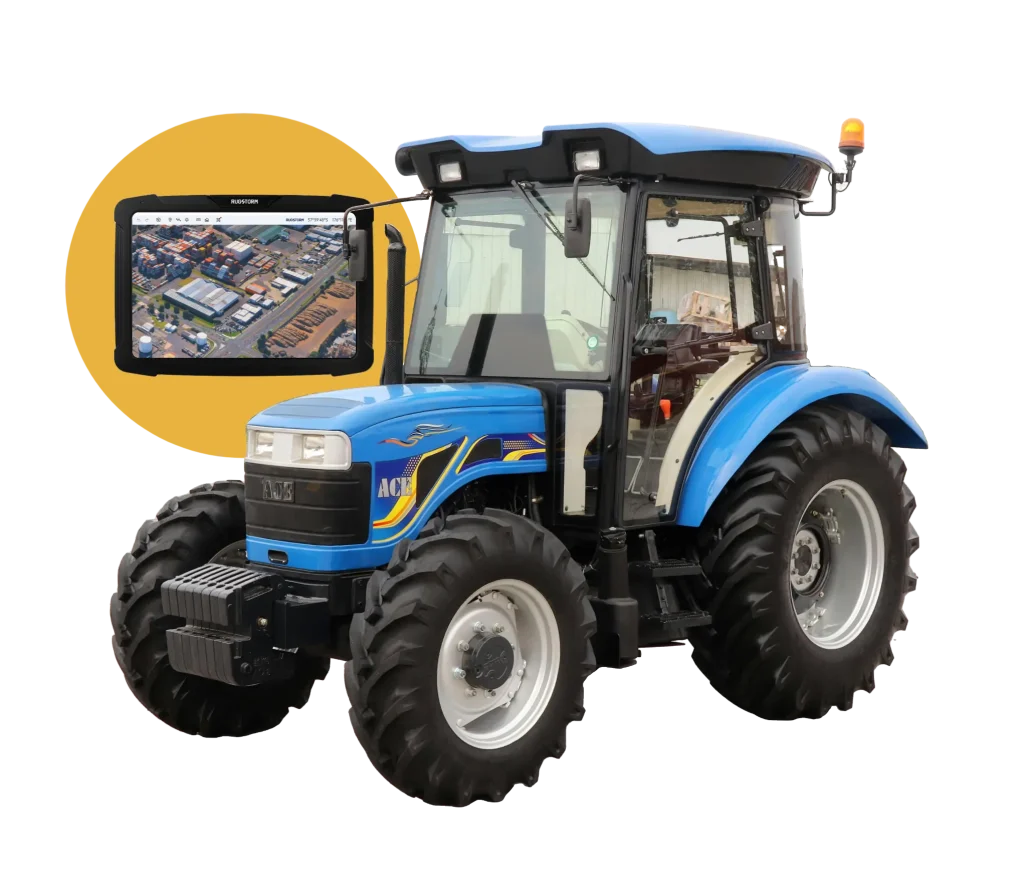 A Rugstorm VD100 rugged 10.1-inch tablet mounted on a blue agricultural tractor, displaying high-resolution satellite field mapping and precision farming software.