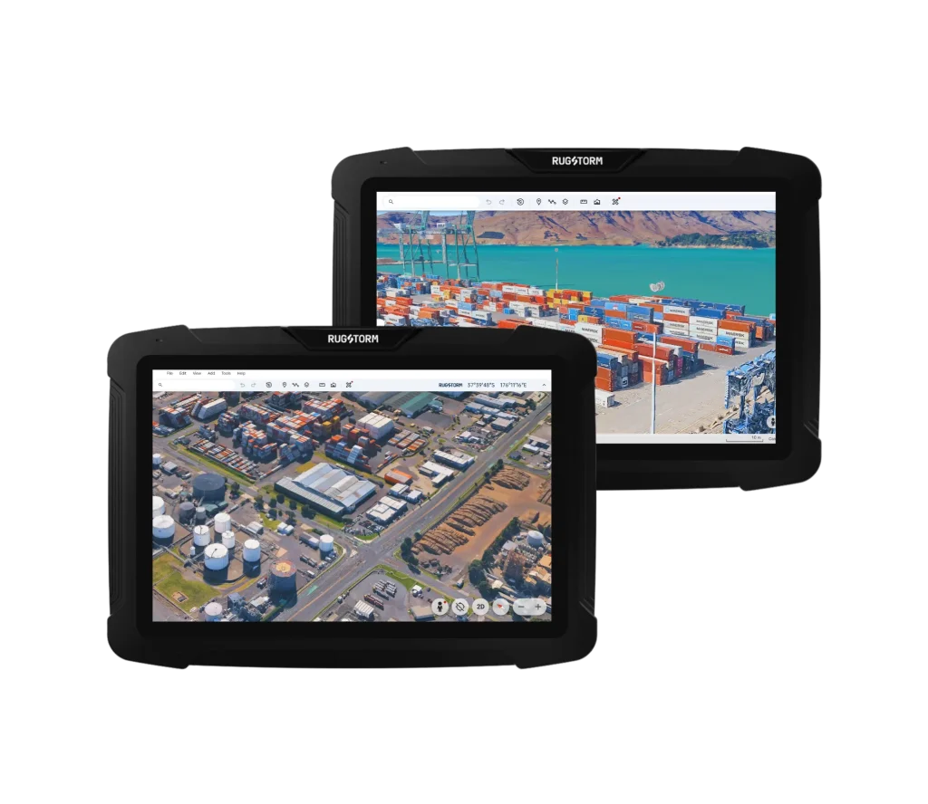 Front view of the Rugstorm VD100 rugged 10.1-inch vehicle display featuring a 750-nit sunlight-readable touchscreen and an industrial-grade black reinforced chassis.