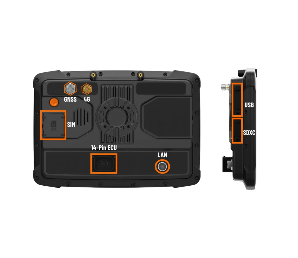 Front view of a Rugstorm VD100 10.1-inch rugged vehicle display featuring an Android 10 interface, 750-nit sunlight-readable screen, and heavy-duty industrial housing.