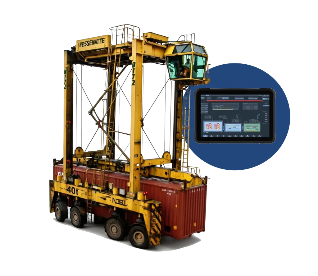 A Rugstorm VD120 12-inch rugged tablet integrated into a port straddle carrier crane, displaying a complex industrial terminal management interface.