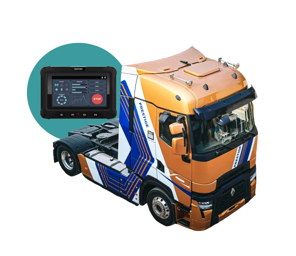 A Rugstorm vehicle mounted display mounted in a heavy-duty truck cabin, displaying a fleet management interface with real-time GPS tracking, driver behavior analytics, and route optimization software.