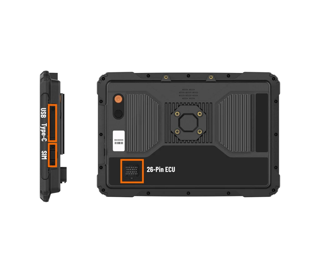 Rear and side view of the Rugstorm VD120 12-inch rugged display showing the 26-pin ECU connector, USB Type-C port, and sealed SIM card slot in an IP67-rated industrial chassis.