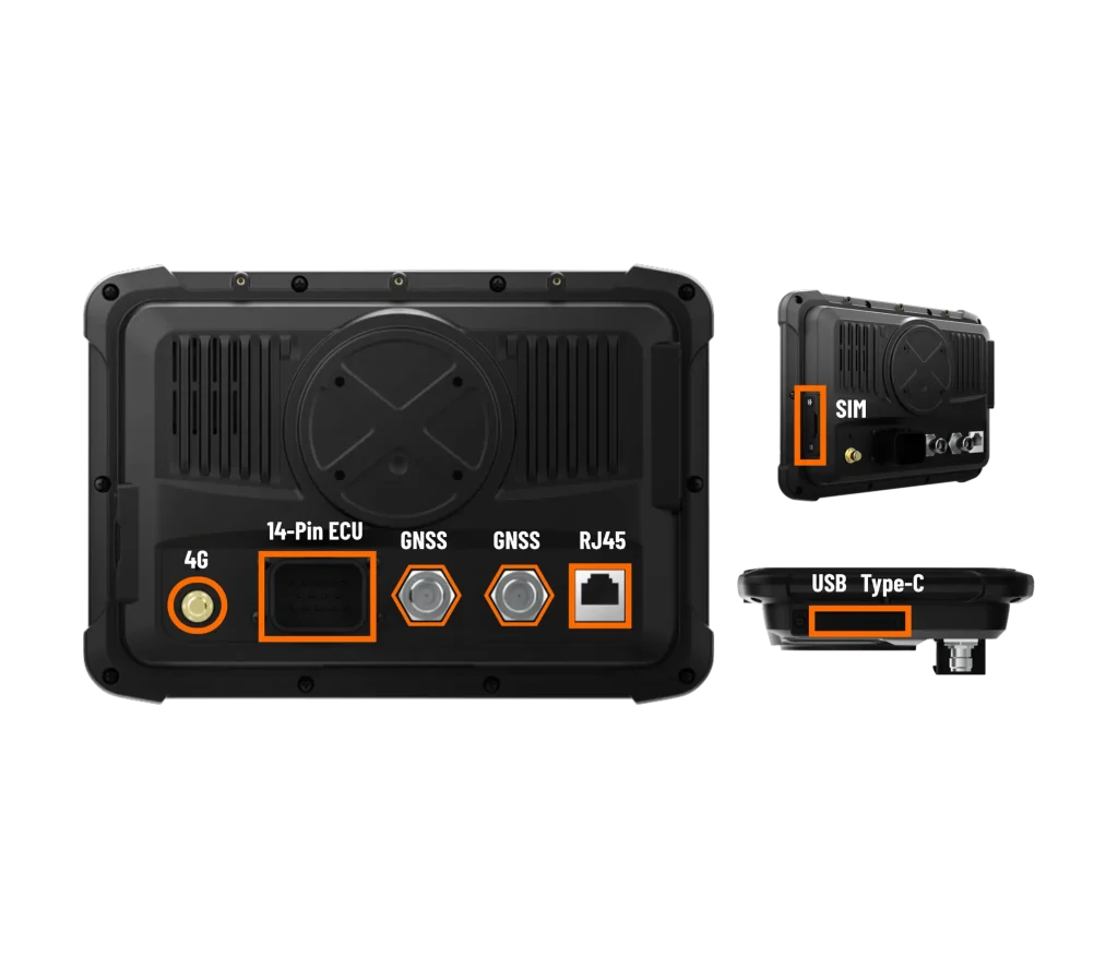 Rear view of a Rugstorm vehicle mount display showing specialized connectivity ports including 4G, 14-Pin ECU, dual GNSS, RJ45, SIM slot, and USB Type-C for vehicle integration.