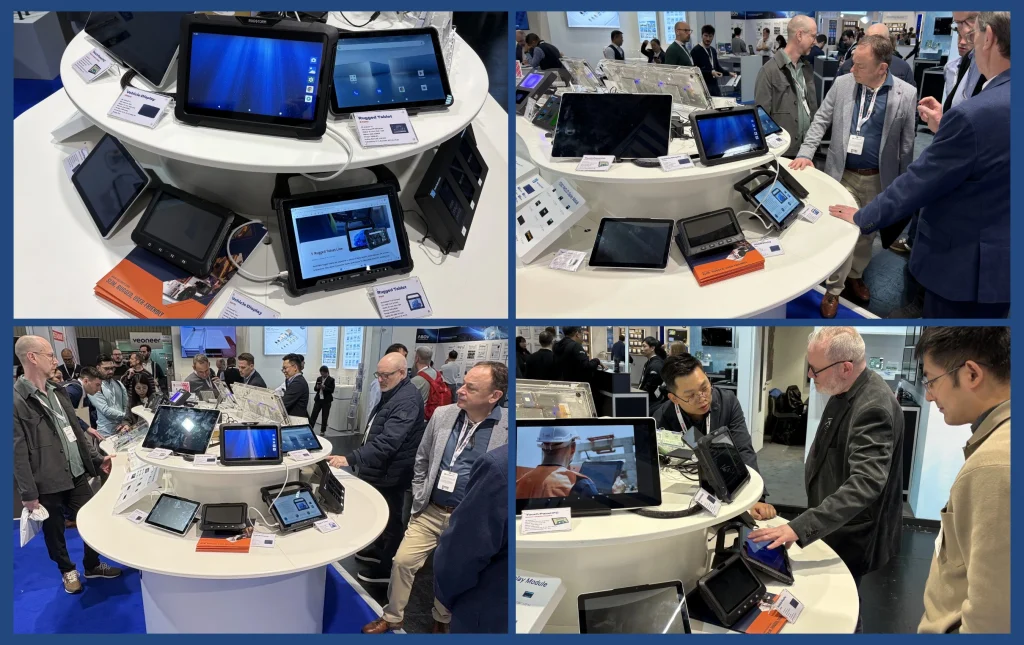 Close-up views of a tiered circular display stand featuring various rugged tablets, vehicle-mounted displays, and industrial monitors with technical spec cards.