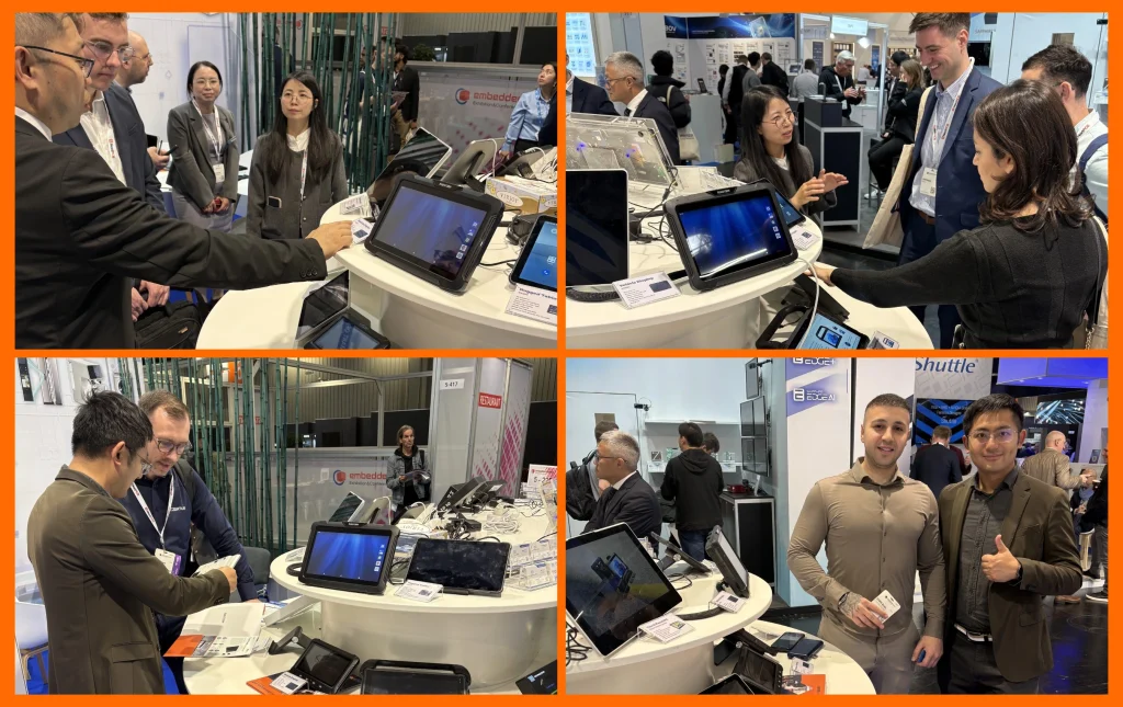 A collage of four photos showing diverse international professionals discussing rugged tablets and industrial touchscreens at a white circular trade show booth.